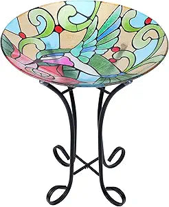 MUMTOP Bird Bath-Bird Baths for Outdoors - Hummingbird Large Bird Bath Bowl with Metal Stand, Glass BirdBaths for the Garden Lawn Yard Decor