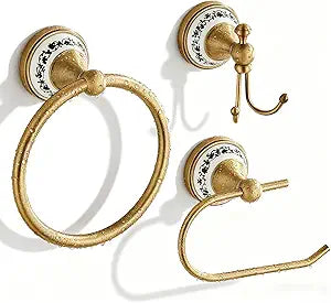 Bathroom Accessories Set, NEWRAIN 3 Pieces Antique Brass Bathroom Hardware Set, Vintage Towel Ring, Hand Towel Racks for Bathroom, Robe Hooks, Toilet