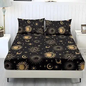 Sun Moon Star Print Bed Sheet Set, Easy Care Cooling Bedding with Elasticized 9.8" Pocket, 3-Piece Sheet and Pillowcase Set for Twin XL Size Bed, Cozy Chic Bedroom Decor