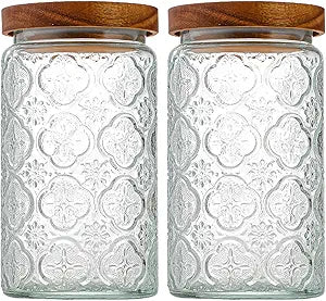 35oz/1000ml Glass Storage Jars with Nature Wood Lids, Airtight Food Storage Containers for Kitchen Organization, Large Capacity for Cookie, Pasta, Sugar, Flour, Cereal - Set of 2