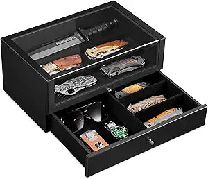 Emfogo Pocket Knife Display Case, Large Knife Collection Box for Folding Knives & EDC Gear, Solid Wood Knife Organizer with Transparent Lid & Drawer, Collector-Grade Gift for Men (Black)