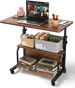 QZMDSM Portable Rolling Desk on Wheels Adjustable Height Desks for Small Spaces, 32" Computer Desk Drafting Tables with Storage Shelves for Home Office Rustic