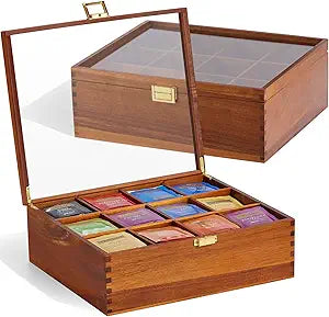 HouseJoy Tea Bag Organizer, Acacia Wood Tea Storage Box, 12 Compartments Tea Bags Storage Drawer with Clear Glass Window, Tea Bag Holder for Countertop Kitchen Cabinet Pantry - Keeps Tea Bags Fresh