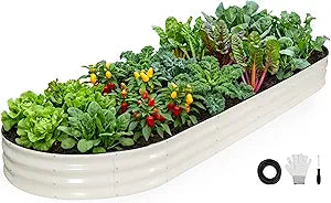 INNO STAGE Galvanized Raised Garden Bed, 12x4x1FT Oval Metal Raised Garden Beds for Vegetables, Rust-Resistant & Easy Assembly, Outdoor Planter Box for Gardening, Flowers, Herbs (White)