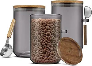 JoyJolt Holden 32oz Stackable Glass Storage Containers with Lids and Scoops, Airtight Food Canister Set of 3 w/Acacia Wood Lids, Round Stacking Pantry and Kitchen Containers w/Scoop | Smoke