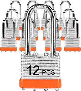 Padlocks with Same Key, LQYN 12 Pcs Laminated Keyed Padlock (1-9/16", 40mm), Keyed Alike Locks, Long Shackle, for Storage Locker, Hasp Latch, Toolbox, Sheds