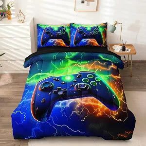 5 Pcs Full Bedding Set for Boys & Teens, Gaming Comforter Sets with Sheets, Blue Green Boys Gamer Bedding Sets Full Size