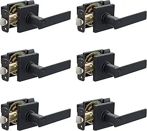 Amazon Basics Contemporary Stamford Interior Door Levers for Bedroom and Bathroom, Matte Black, 6-Pack