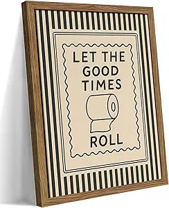 Framed Let The Good Times Roll Bathroom Print, Vintage Funny Toilet Quote Canvas Wall Art, Stripes Bathroom Picture Poster, Downstairs Toilet Painting Wall Decor 16x24 inch