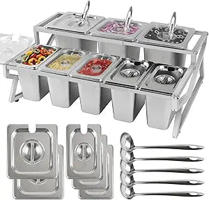 Kalolary 8 Pans Pizza Topping Storage Station, 2 Row Adjustable Stainless Steel Condiment Containers with Lids Spoons Ice Food Serving Display Container Salad Bar Buffet Station for Home Kitchen