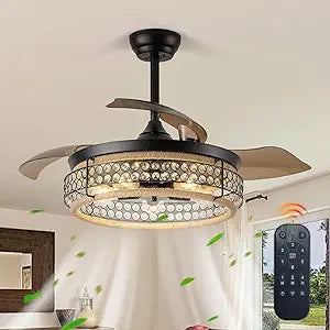 42" Retractable Ceiling Fans with Lights and Remote, Modern Industrial Crystal Chandelier Ceiling Fan Fandelier Ceiling Fan with Light for Bedroom Living Room Dining Room,3 ABS Blades, 6 Speed