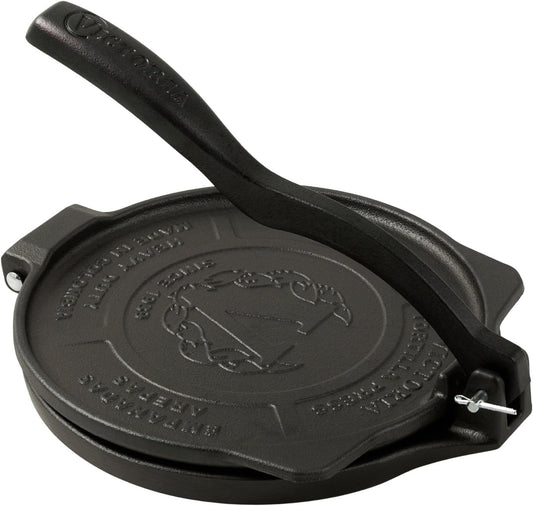Victoria 8-Inch Cast Iron Tortilla Press HD Spherrous, Commercial-Grade Cast Iron Tortilla Maker, Roti Press, Pataconera Seasoned with Flaxseed Oil, Made in Colombia, Black