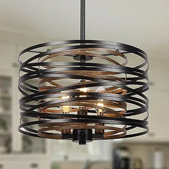 Sigaitwei 3-Light Dining Room Chandelier12.6" Rustic Black Drum ChandeliersWood Grain and Vintage Light Fixture for Kitchen Entryway Living Room