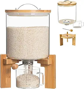 Glass Rice Dispenser 5L, Cereal Dispenser Countertop, Grain Dispenser/Food Storge Container for Kitchen and Pantry Organization, Cereal Dispenser with Bamboo Holder