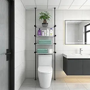 4 Tier Over The Toilet Storage 97-116 Over Toilet Bathroom Organizer with Adjustable Shelf Slim Behind Toilet Shelf for Toilet Paper Towel Plants (Black)