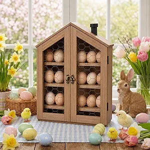 Xuhal Wooden Egg Holder Countertop Farmhouse House Shape Egg Storage Decor 3 Tier Cabin Pull out Storage Shelf Holding up to 24 Distressed Collecting Basket for Gathering Kitchen