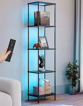 Display Shelf with RGBW Light, Color Changing Curio Cabinet Floor Lamp with Shelves Corner Standing Column Lamp Etagere Organizer Tower Nightstand Bookcase for Living Room Bedroom Office Dcor Black