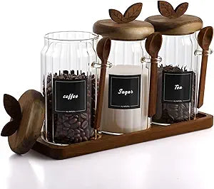 Suclain 3 Sets Glass Coffee Sugar Tea Canister 27 oz Airtight Food Storage Jar with Wooden Lid Spoon Shelf Labels Clear Glass Container for Sugar Coffee Bean Holder Salt Tea Housewarming Gift