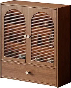 Bamboo Countertop Cabinet with Acrylic Doors, 15.7W x 18.5H x 5.9D inches, Kitchen Storage Display Case with Drawer, Arched Design (Brown)