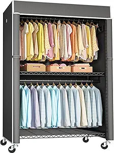 FUTASSI Black Clothing Rack with Dark Gray Cover, P1C Plus Rolling Closet with Wheels, Metal Garment Rack for Hanging Clothes, Clothing Storage Wardrobe, 46" W x 18.5" D x 80.7" H, Load 524 Pounds