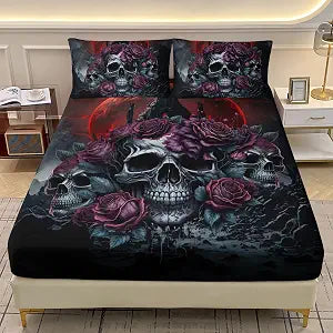 AILONEN 3D Skull Fitted Sheet Queen Size, Romantic Red Rose Skeleton Bed Sheets Set for Kids Boys,Fiery Style Black Tint Soft Breathable,1 Fitted Sheet 2 Pillowcases,3 Pcs
