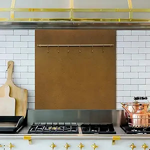 Fietrexa 29.5Γx29.5Γ Aged Brass Finish 304 Stainless Steel Rang Hood Backsplash with Solid Brass Rail & S Hooks,Stove Backsplash,Vintage Style,Kitchen Wall Splash Guard.