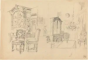 Art Print : Flix-Hilaire Buhot, Two Studies of an Interior with Furniture, Historic Wall Dcor : 36in x 24in