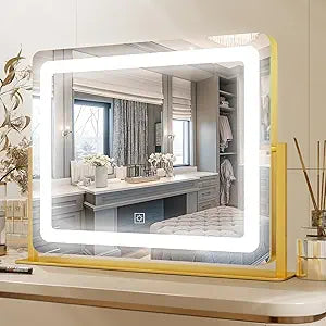 PRIMETEK Vanity Mirror with Lights, 22"x19" Large Makeup Mirror with Lights, Hollywood LED Lighted Makeup Mirror, Touch Sensor with 3-Color Lighting, Dimmable for Vanity Desk Tabletop, Bedroom, Gold