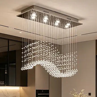 Siljoy 8-Light Modern Wave Raindrop Crystal Chandelier, Luxury Chrome Rectangular Flush Mount Crystal Pendant Ceiling Light for Dining Living Room Kitchen Island L31.5'' x W12'' x H28''