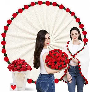 Crochet Rose Flower Bouquet Blanket with Red Rose, Handmade Knitted Throw Blanket, Christmas, Valentines Day, Anniversary, Birthday Gifts for Wife, Girlfriend, Fiance, Lover, 43 Inch