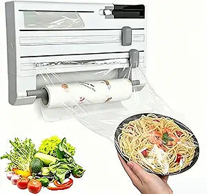 6-in-1 Wall Mounted Plastic Wrap&Foil Dispenser with CutterPP Kitchen Organizer w/Paper Towel, Tape, Bag&Small Tray, No Drill/Screw Mount White-Aluminum Foil Rack Organizer&Organizer Foil Cling Wrap