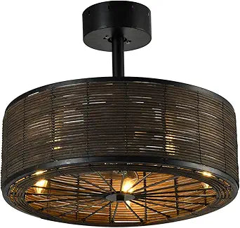 21" Boho Rattan Ceiling Fans with Lights,Flush Mount Caged Ceiling Fan with Remote Indoor,6 Speed, Timing, APP Remote Control,Includes 5 LED Bulbs for Bedroom,Kitchen,Living Room,Farmhouse