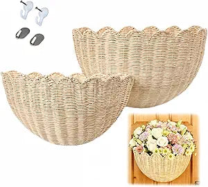 Scalloped Wall Basket Set of 2, Hand Woven Scalloped Wicker Wall Basket, Natural Rattan Hanging Storage Basket for Bathroom Nursery Entryway Boho Wall Decor, 15.7x7x10 & 14.1x6x8 Inch