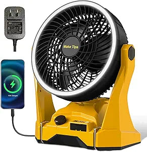 Fan for DeWalt 20V Max Battery, Portable Jobsite Camping Fan with Infinite Speed Control, 3-Level Ring Light, USB-C and USB Charging, Hook, Handle, 180┬░ Tilt for Outdoor Use, Battery Not Included