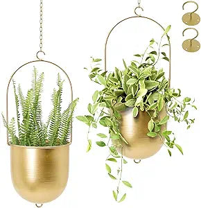 AceList Boho Hanging Planter, Set of 2 Gold Metal Plant Hanger with Hooks and Chains, Modern Wall & Ceiling Planters Outdoor/Indoor Hanging Planter for Window, Porch, Balcony and Home Dcor