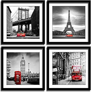 ENGLANT 4 Pieces Framed Canvas Wall Art, Black White and Red Wall Decor Landscape Poster with Eiffel Tower, Brooklyn Bridge, London Big Ben Picture for Bedroom and Bathroom
