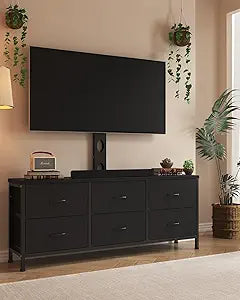 TV Stand with Mount, Fabric Dresser with 6 Drawers for 32/45/55/60/65/75 inch TVs, Black Dresser Entertainment Center, Modern Media TV Console Table