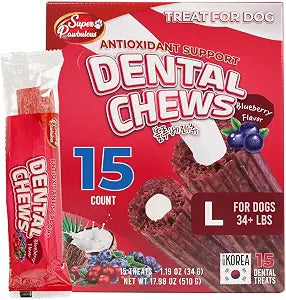 SuperPaw Dental Chews for Dogs - Blueberry Flavor, Antioxidant Support - Healthy Dog Dental Treats for Teeth and Gum Cleaning, Natural Chew Toy Alternative, Dog Chews - Large, 15 Treats