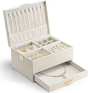 VLANDO 3 Layer Jewelry Box - Women Jewelry Box with Retractable Tray - Jewelry Organizers with Drawer for Necklaces, Rings, Bracelets, Earrings, Valentines Gift for Mom Girls - Cloud White