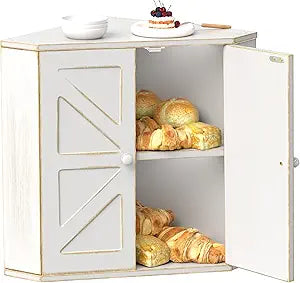 Corner Bread Box for Kitchen Countertop, Storage Container for Homemade Bread, Double Layer BreadBox, Large Capacity Bread Storage Bin, Vintage Farmhouse Breadbox Organizer,Antique White