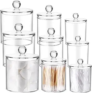 Meanplan Plastic Apothecary Jars with Lids Acrylic Holder Dispenser for Bathroom, 10/22/39 oz Clear Plastic Storage Jars Floss Container for Swab Cotton Ball, 3 Sizes(9 Pack,Acrylic Lid)
