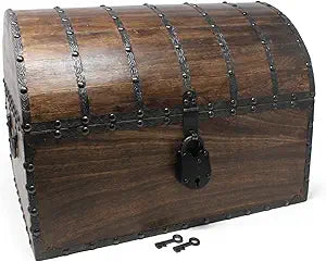 Nautical Cove Wood Treasure Chest with Decorative Rivets and Reinforcing Iron Strips with Lock and Skeleton Keys (Dark Antique, X-Large 16x12x12)  Wooden Keepsake Box, Pirate Decor, Storage Chest
