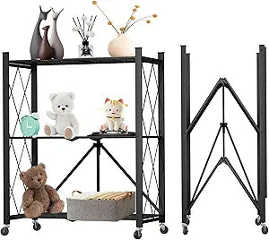 3 Tier Foldable Storage Shelf with Wheels, Heavy Duty Garage Shelving Unit Loads 550 LBS, Metal Steel Collapsible Shelves, Rolling Standing Utility Rack for Kitchen, Pantry, Office, Black