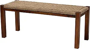 Bali & pari Hermes Mid-Century Modern Natural Seagrass and Mahogany Wood Accent Bench