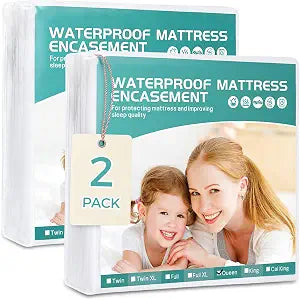 Premium Queen Waterproof Mattress Cover 2 Pack, Zippered Mattress Protector, 9 Inch Deep, 6-Sided Mattress Encasement - White
