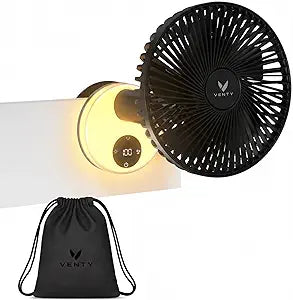 VENTY Portable Clip Fan - Rechargeable 10-Hour Battery Portable Fan - 360┬░ Rotation & 90┬░ Tilt - Stroller, Desk or Bedside - Aromatherapy & LED Light - USB-C cable & Carrying Pouch