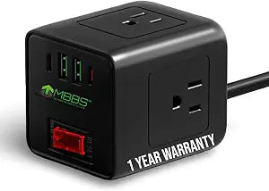 Surge Protector MBBS Power Cube with 3 AC Outlets & 4 USB Ports (2 USB-C), Compact Power Strip with 5 Ft Extension Cord, Space-Saving Design for Home, Office & Travel, Black (5 Ft)