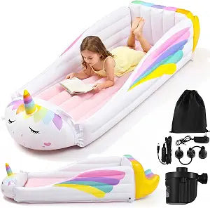 Unicorn Inflatable Kids Bed, Toddler Travel Bed with Safety Bumper and Air Mattress Portable Air Mattress with Pump for Kids Vacation Hotel Home Sleepover Birthday Gift