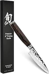Shun Premier 4" Paring Knife, Handcrafted Japanese Vegetable & Fruit Knife, VG-MAX Core with Damascus Stainless Steel Cladding, Pakkawood Handle, Small Tool for Peeling, Coring & Cutting