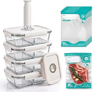 Glass Meal Prep Containers Set, 4 Pack 34.5 Oz Dual Compartment Glass Food Storage Containers with Handheld Vacuum Pump&10 Reusable Vacuum Sealer Bags for Kitchen Organization, Microwave, Freezer Safe